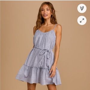 Brand New, with Tags. Lulus Seersucker Blue and White Striped Tiered Mini Dress